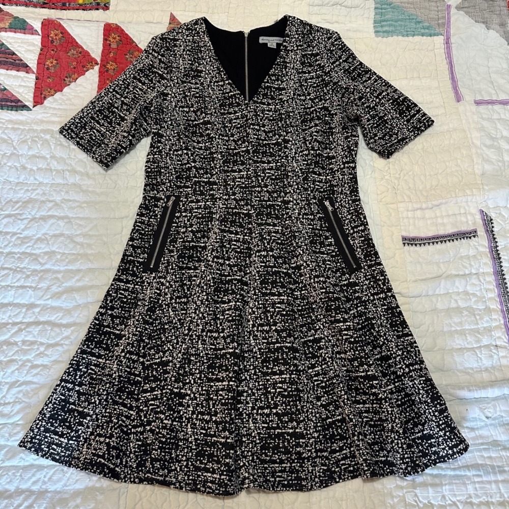 Danny and Nicole Fit and Flare Dress Black White Textured Knit Zip Pockets 14
